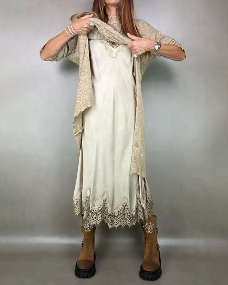 Tweedelige Set Met Gebreide Jurk En Kant Cami - Jurk