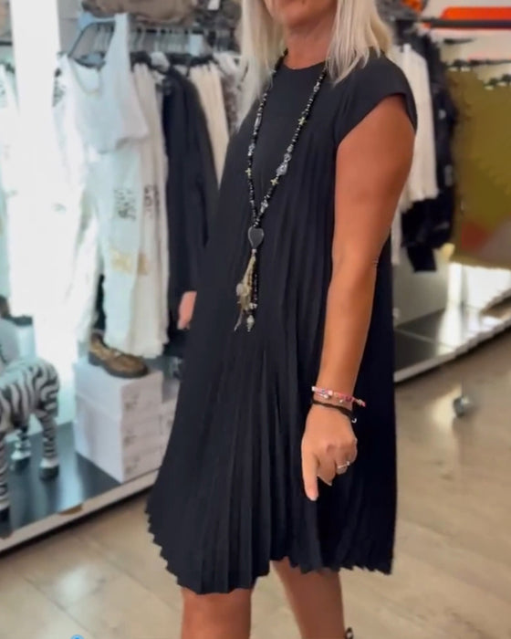 Ronde hals effen plooi casual jurk