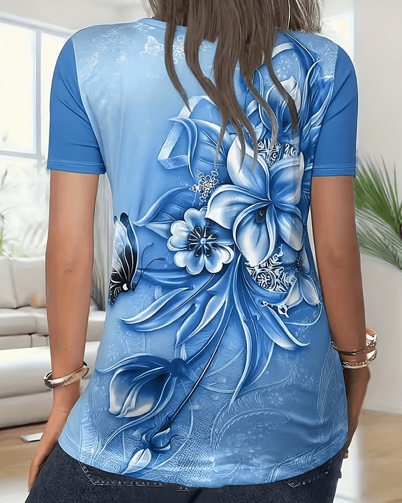 T-Shirt Bloemig V-Hals Korte Mouw