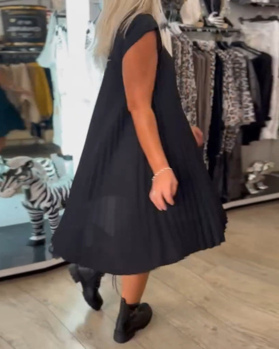 Ronde hals effen plooi casual jurk