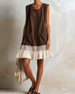 Jurk Mouwloos Streep Contrast Patchwork