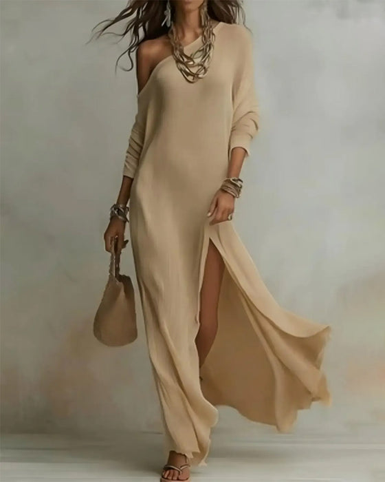 Jurken Off-Shoulder Korte Mouw Split Lang