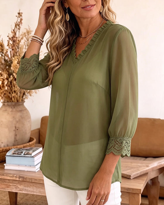 Blouse V-Hals Ruffle Kant Patchwork