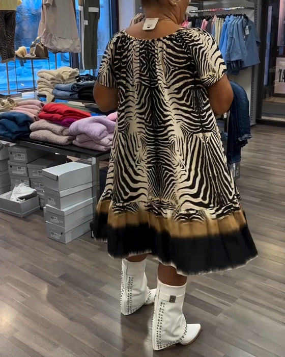 Jurk Losse Ronde Hals Korte Mouw Gedrukt