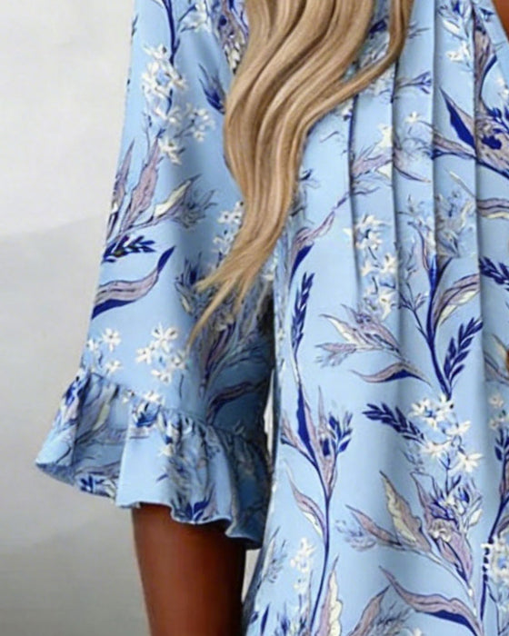 Blouse Met Botanische Print En Ruchesmouwen