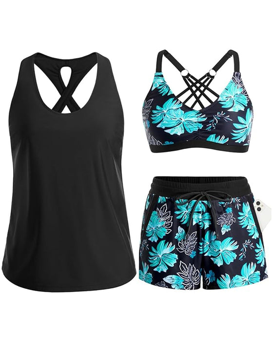 Bedekking En Bikini Crisscross Mouwloze Top + Trekkoord Bedrukte Broek Voor