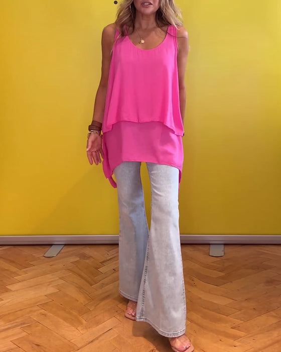 Mouwloze dubbellaagse effen kleur top