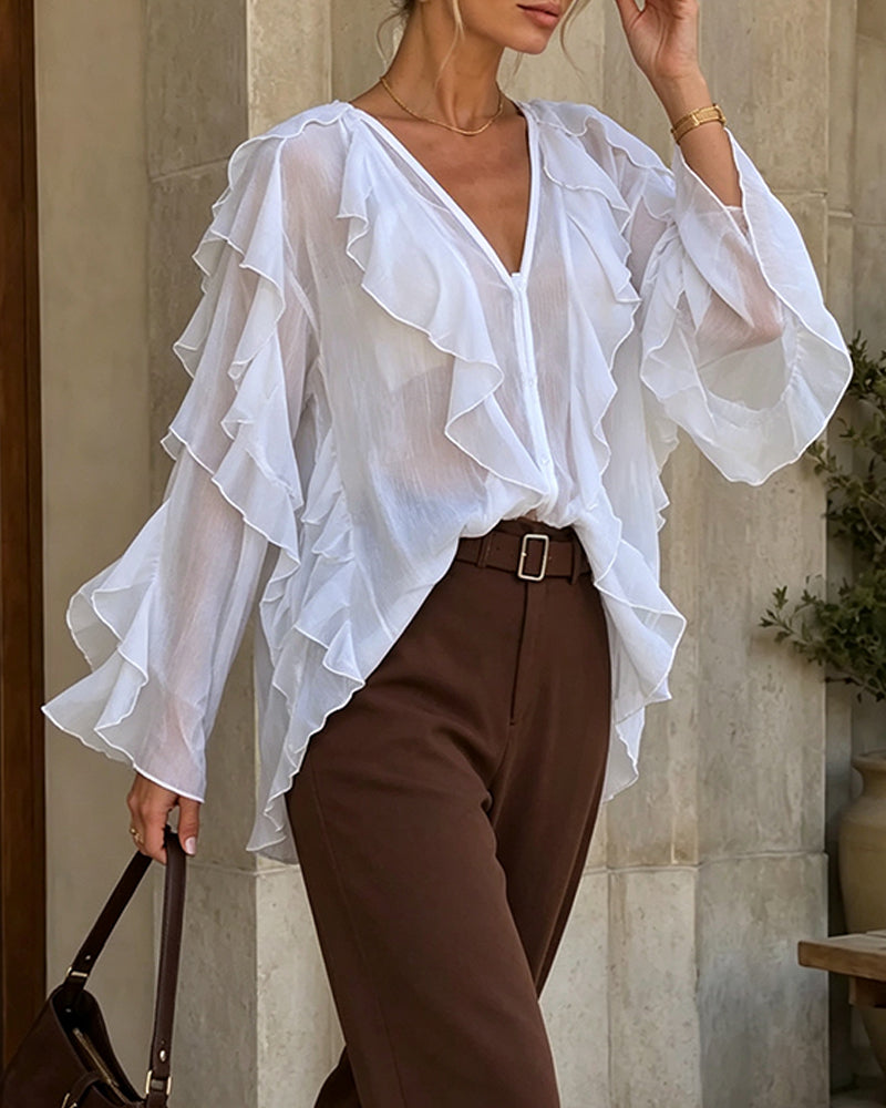 Blouse V-Hals Ruffle Los