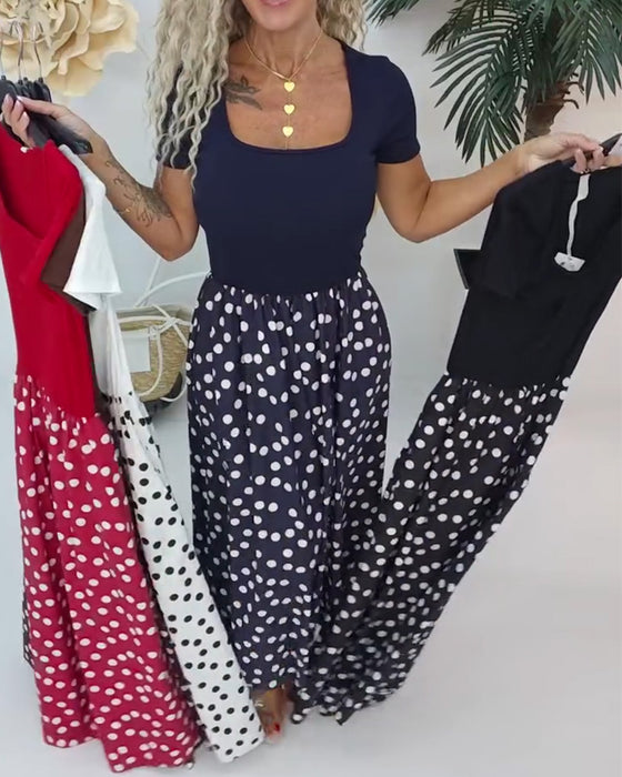 Jurk Vierkante Hals Polka Dot Patchwork