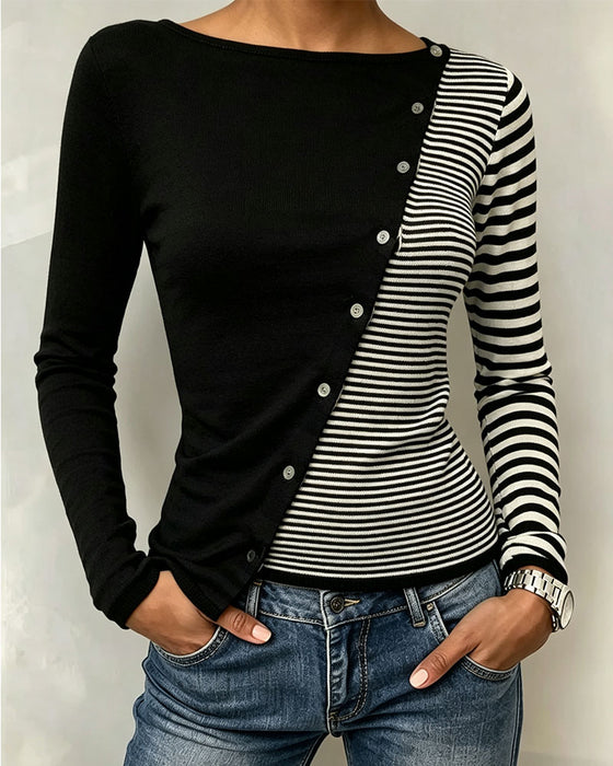 T-Shirt Contrast Gestreept Knoop Patchwork