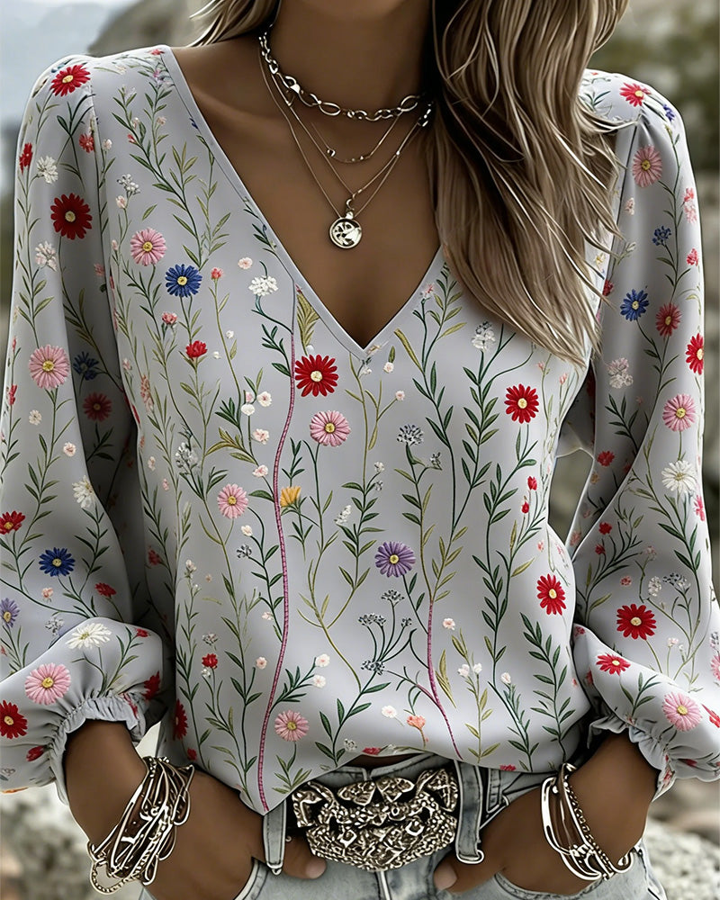 Blouse Bloemenprint Ballonmouw V-Hals