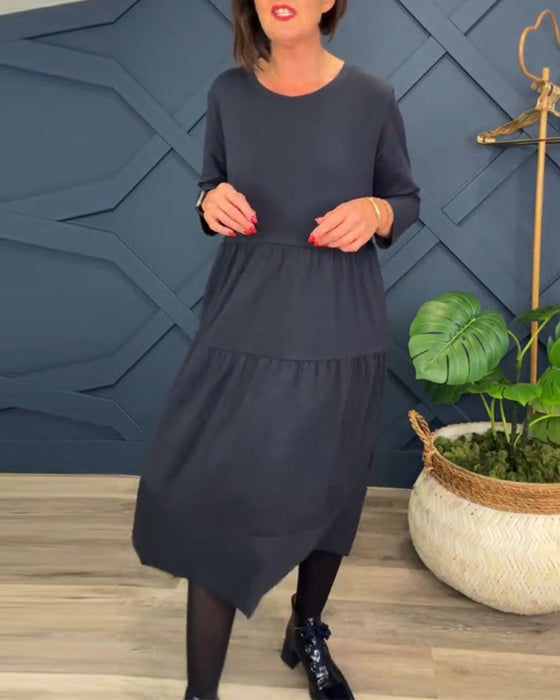 Casual effen jurk met ronde hals en patchwork