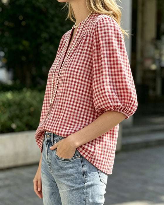 Blouse Ruitprint Pofmouw Korte Mouw