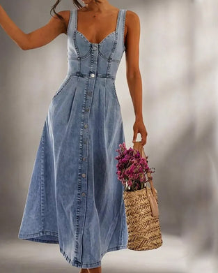 Jurk Spaghettibandje Knoop Taille Gesnoerd Denim