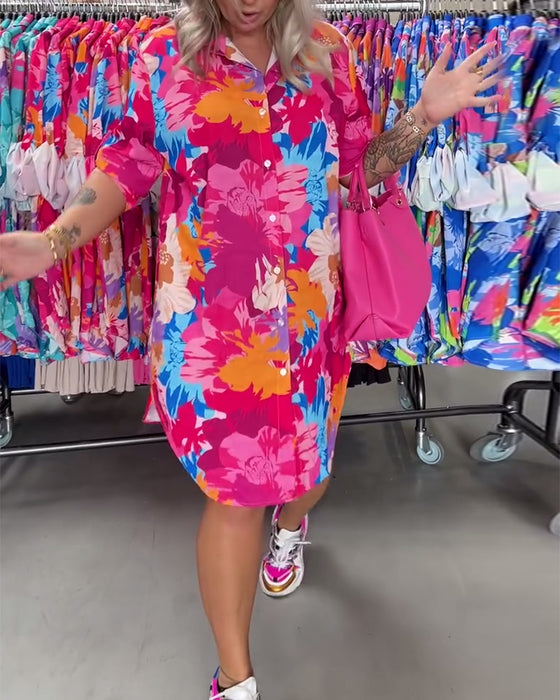 Kleurrijke midi-jurk met revers en bloemenprint