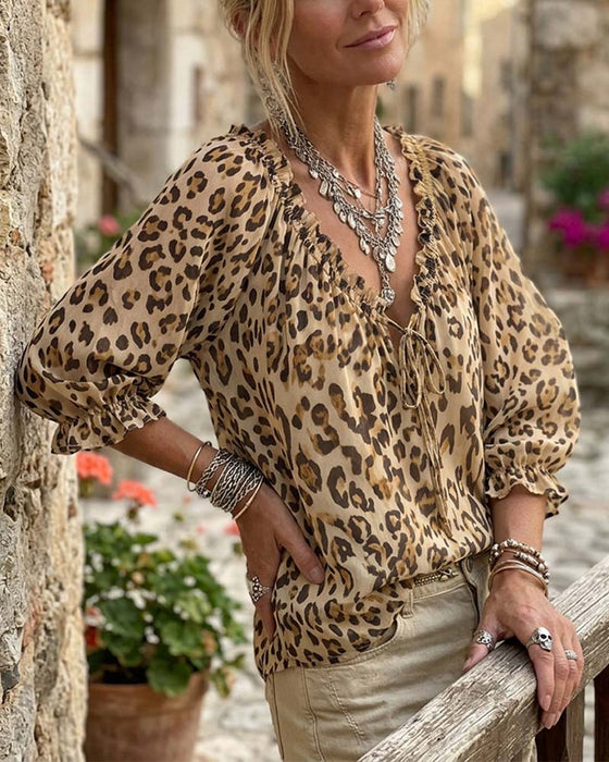 Blouse Luipaardprint V-Hals Pofmouw Vetersluiting