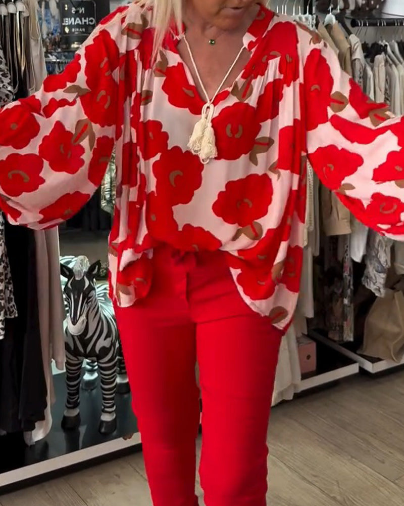 Blouse Grote Bloem Strik V-Hals