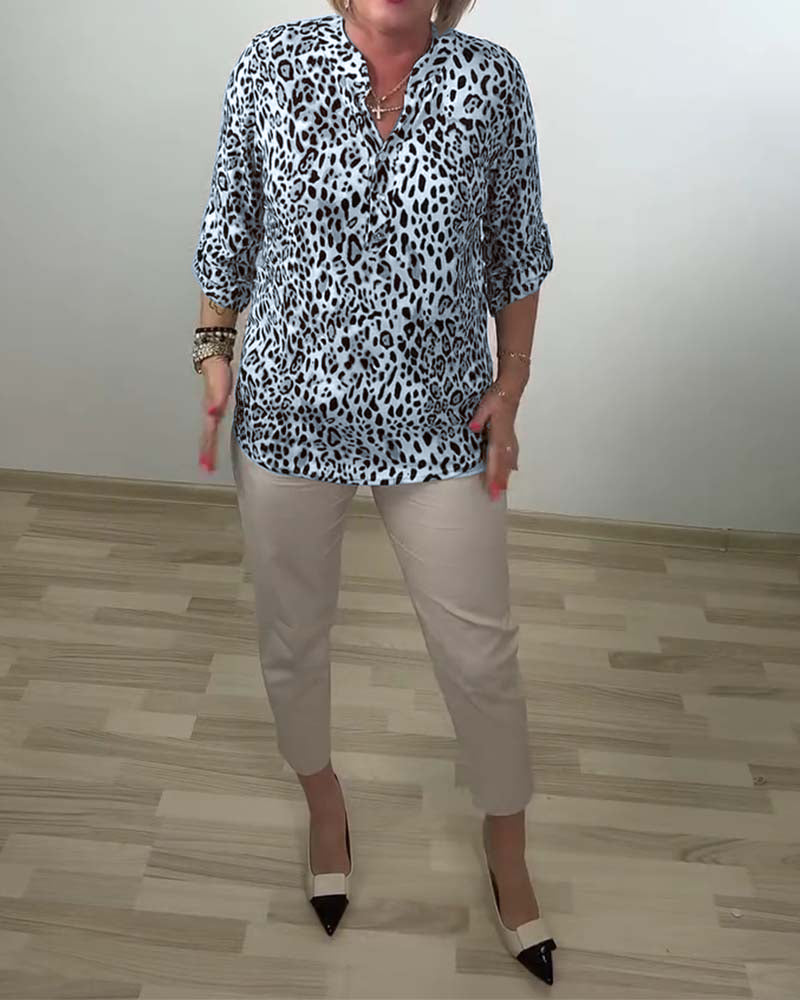 Blouse Staande Kraag Mode Luipaard