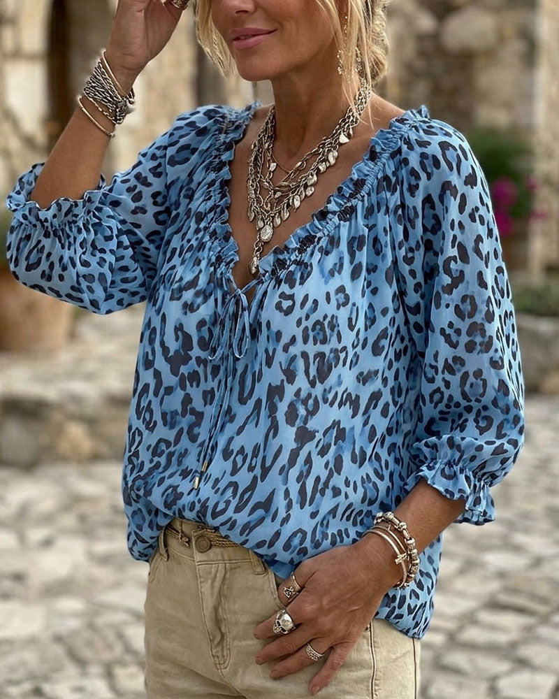 Blouse Luipaardprint V-Hals Pofmouw Vetersluiting