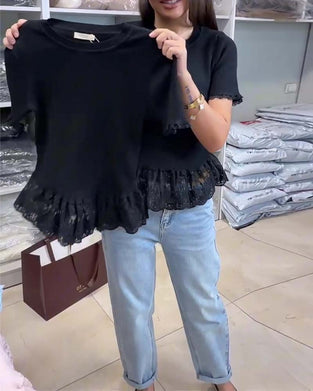 Top Effen Patchwork Geribbeld