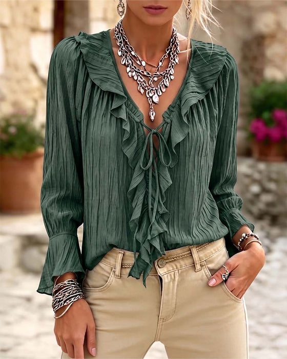 Blouse Ruche Afwerking Vetersluiting Lange Mouw