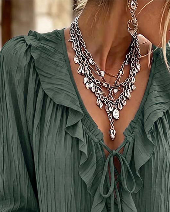 Blouse Ruche Afwerking Vetersluiting Lange Mouw