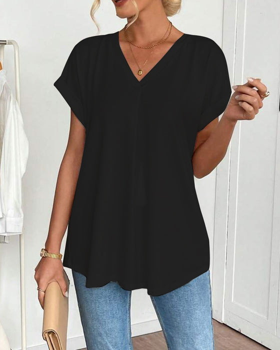 T-Shirt Met Korte Mouwen Effen Kleur Patchwork