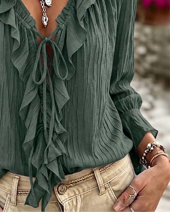 Blouse Ruche Afwerking Vetersluiting Lange Mouw