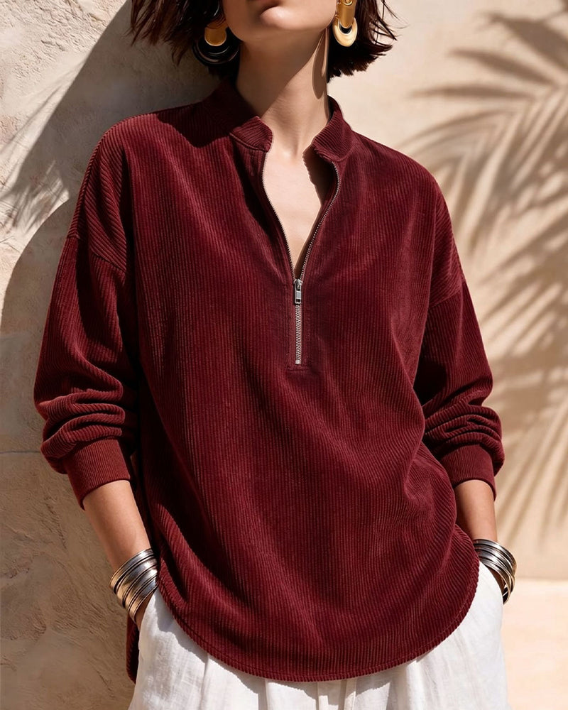 Blouse Rits Staande Kraag Ribfluweel