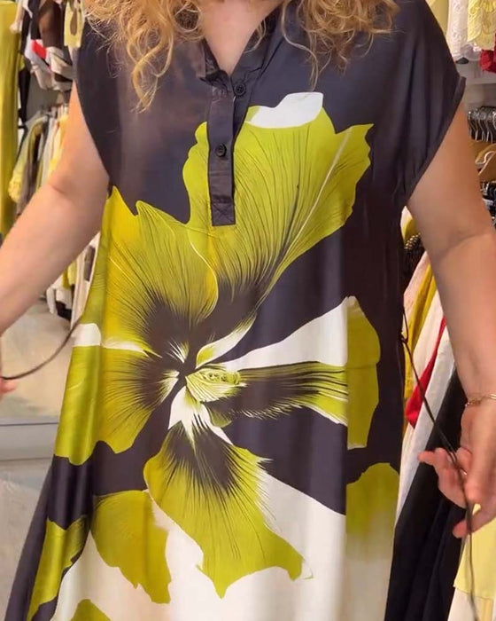 Jurk Knoopsgat V-Hals Bloemen Los