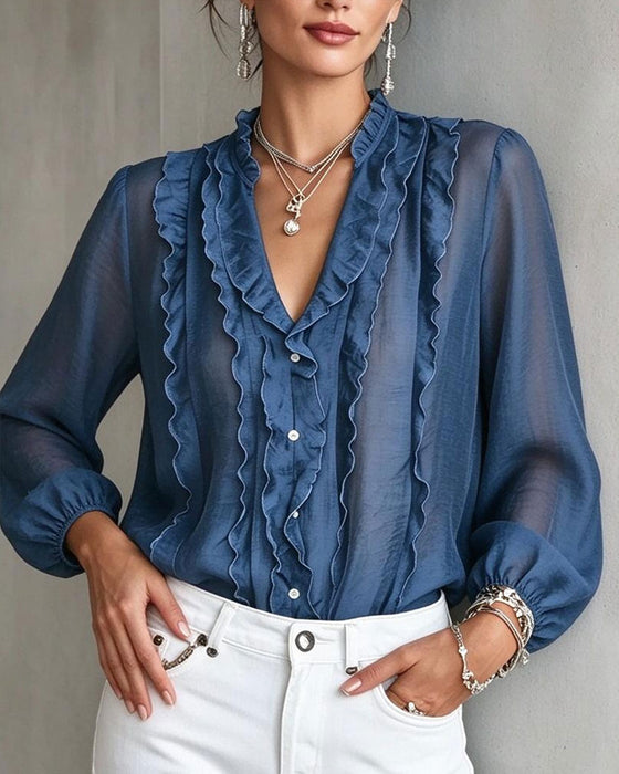 Blouse V-Hals Knoop Ruffle