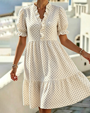 Jurk V-Hals Kant Trim Polka Dot