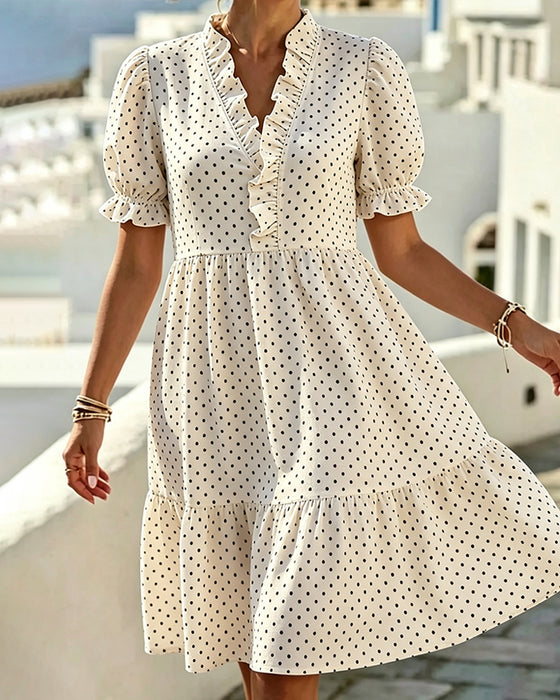 Jurk V-Hals Kant Trim Polka Dot