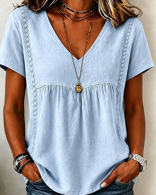 Blouse V-Hals Gerimpeld Korte Mouw