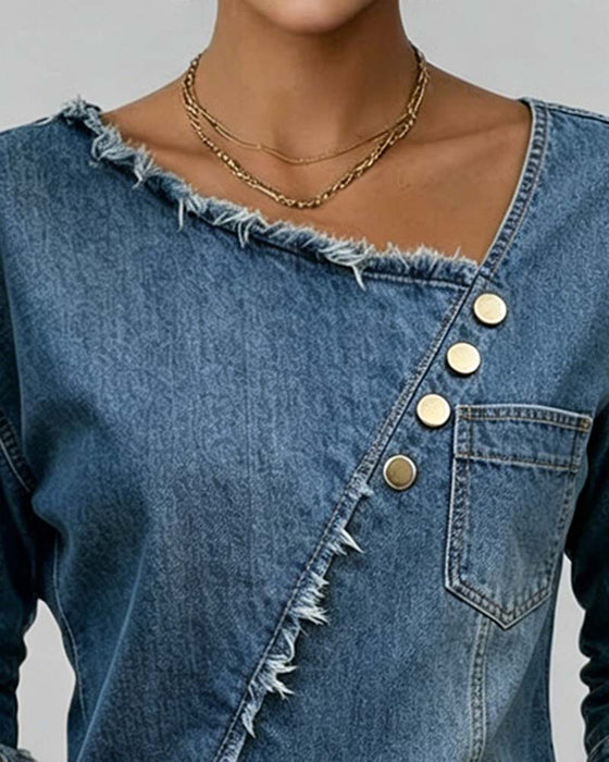 Blouse Jeans Schuine Kraag Lange Mouwen