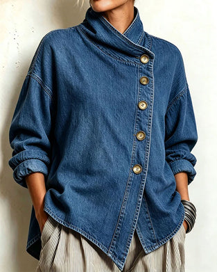 Jas Diagonaal Knoop Staande Kraag Denim