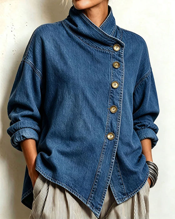 Jas Diagonaal Knoop Staande Kraag Denim