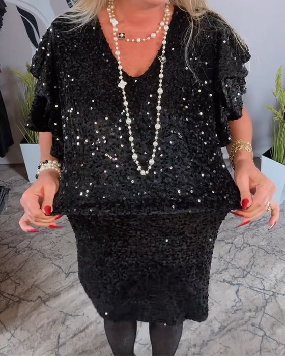 Jurk V-Hals Ruffle Mouw Fluweel Glitter