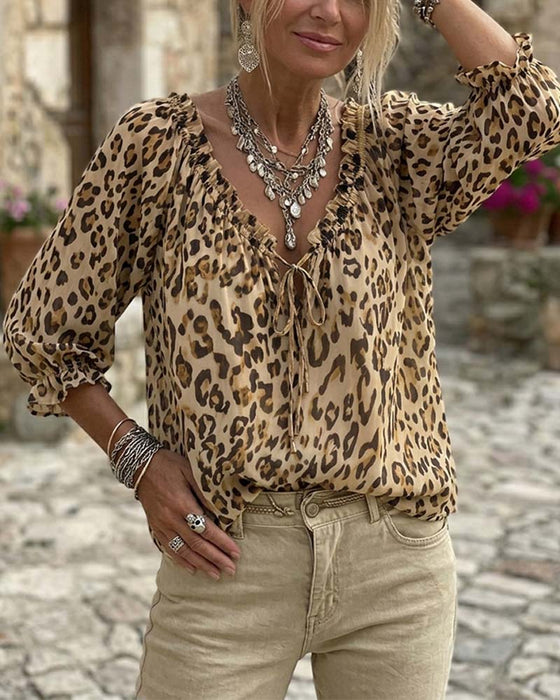 Blouse Luipaardprint V-Hals Pofmouw Vetersluiting