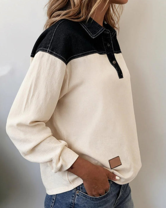 Blouse casual revers denim patchwork