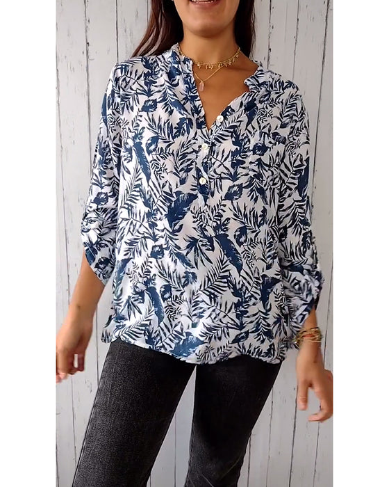 Casual blouse met bladerprint, V-hals en knoopsluiting met negenkwartmouwen