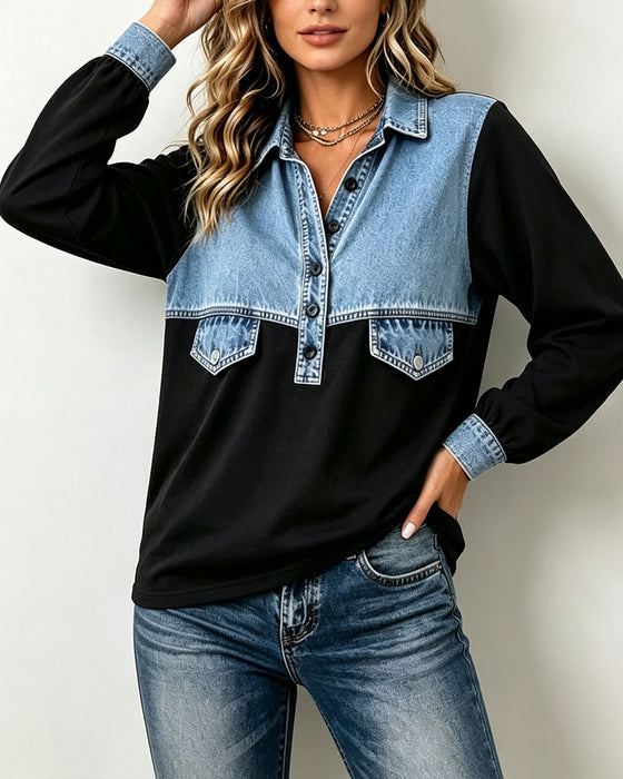 Sweatshirt Overhemdkraag Zak Patchwork