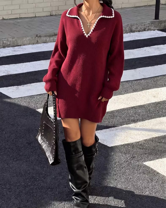 Trui Jurk Revers Contrast Lantaarnmouw