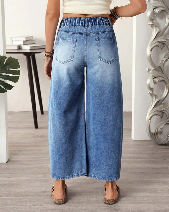 Jeans Denim Elastische Taille Wijd Pijp Cropped