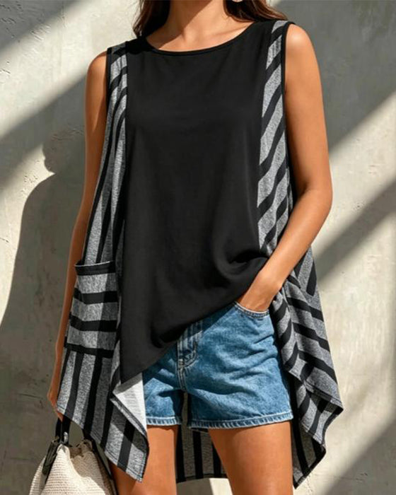 Tanktop Ronde Hals Mouwloos Gestreept Contrastrerend Onregelmatig