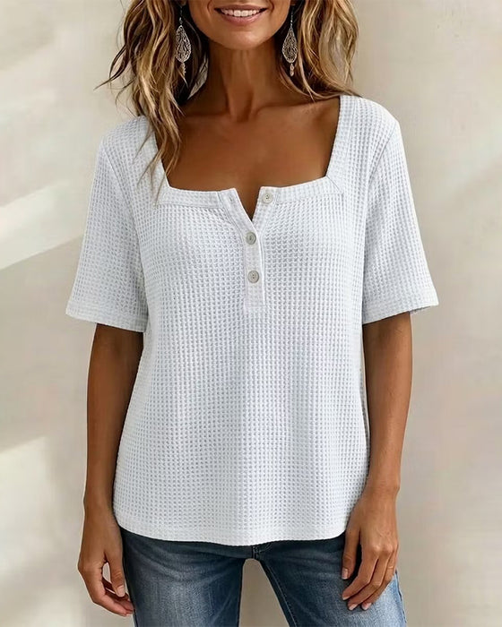 T-Shirt Vierkante Hals Knoop Wafel