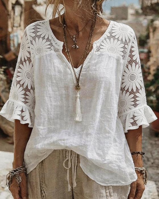 Blouse V-Hals Madeliefje Patchwork