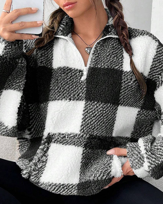 Sweatshirt Half-Zip Staande Kraag Ruitpatroon