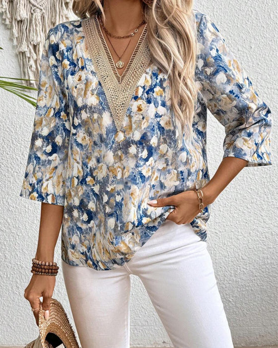 Blouse V-Hals Driekwart Mouw Bloemenprint