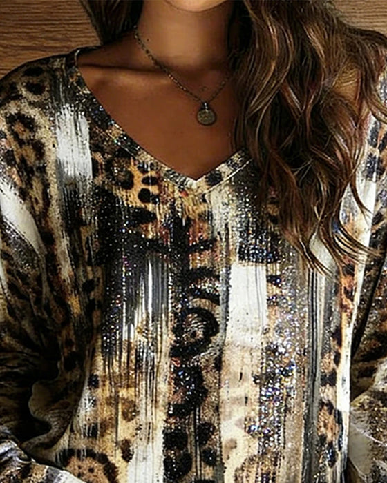 T-Shirt V-Hals Luipaard Print Gradient Lange Mouw